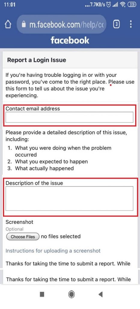 "report a login issue Facebook”