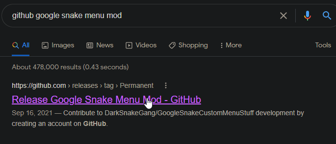 GitHub Google Snake Menu Mod