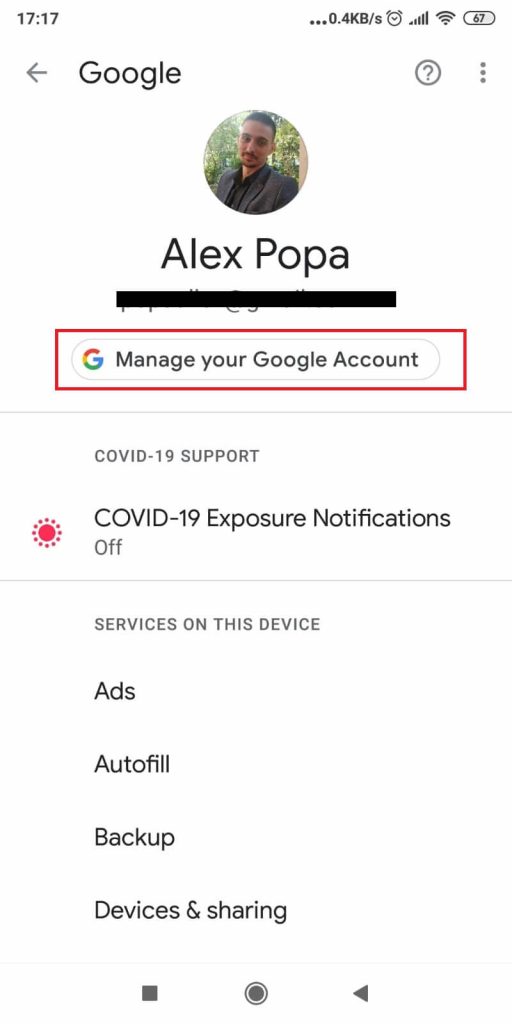 Tap on “Manage your Google Account”