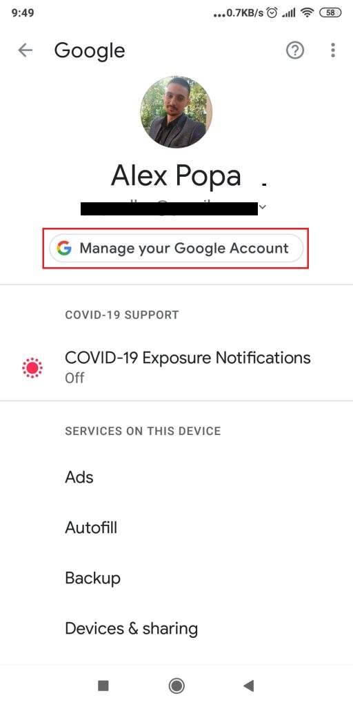 Tap on “Manage your Google account”