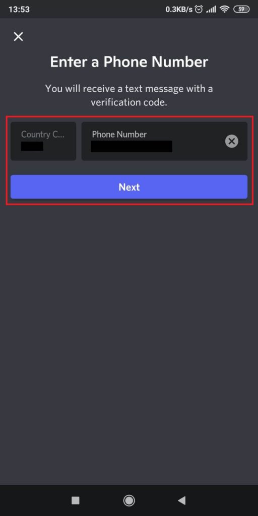 Add your phone number and tap on “Next”