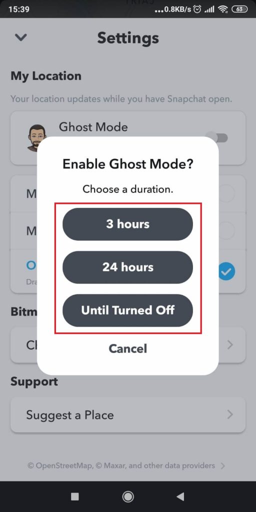 After you tap on the ”Ghost Mode” option, you’ll open a menu with three options.
