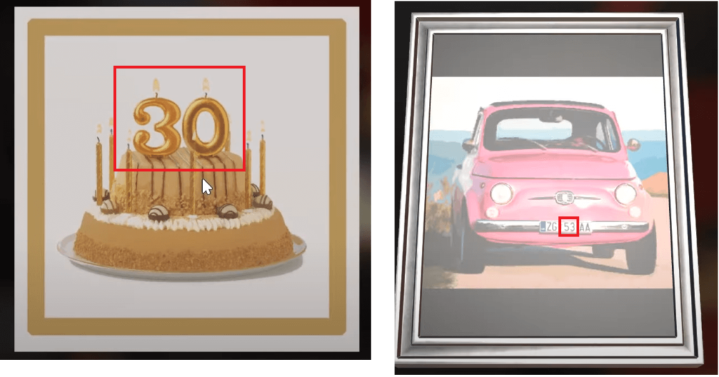 The birthday cake postcard and the framed photo each have numbers on them.