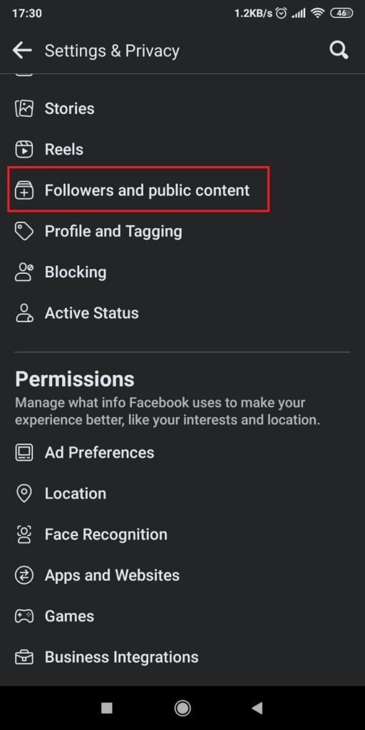 Return to the Settings and select “Follower and Public Content”