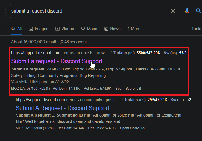 Search for “Submit a request Discord” on Google