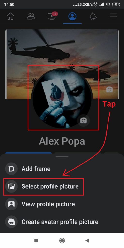 Tap on your profile picture and then tap on “Select profile picture”