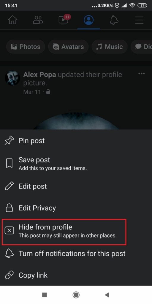 Select the “Hide from profile” option
