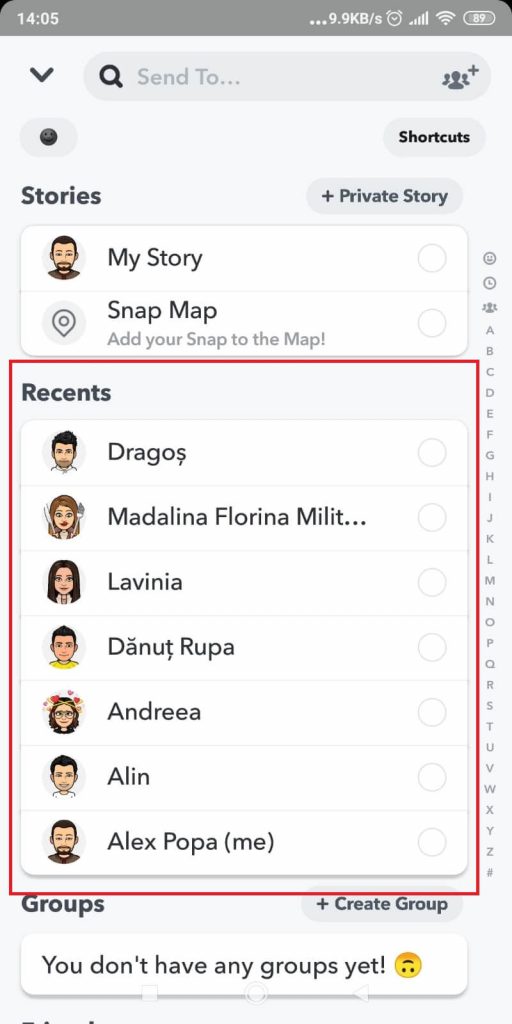 Select the celebrities in the “Recents” menu
