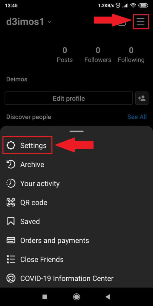 Tap on the Menu icon and the select “Settings”
