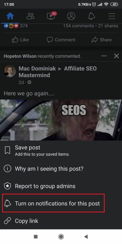 Select “Turn on notifications for this post”
