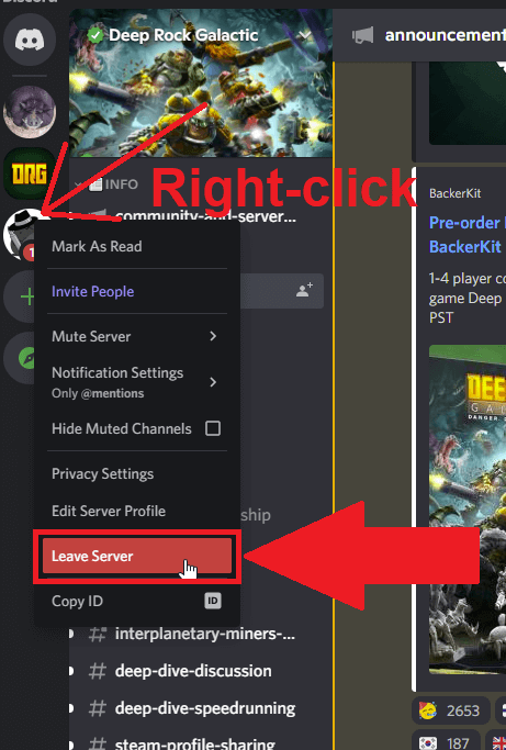 Right-click on the server and select "Leave Server"