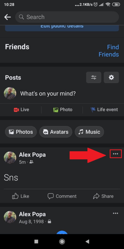 Find your post and tap on the three-dot icon next to it