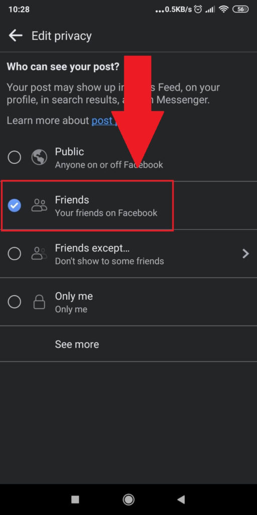 Select “Friends” / “Friends except…” / “Specific friends”