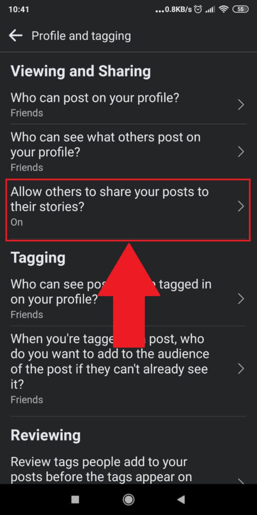 Tap on “Allow others to share your posts to their stories?” 