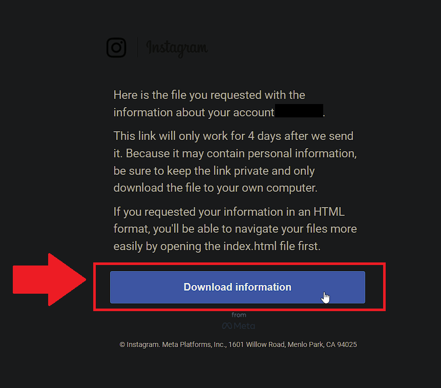 Open the Instagram email and click on “Download Information”