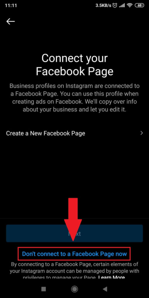 Tap on “Don’t Connect to a Facebook Page Now”