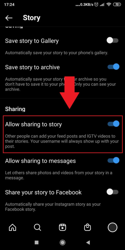 Uncheck the “Allow sharing to story” option