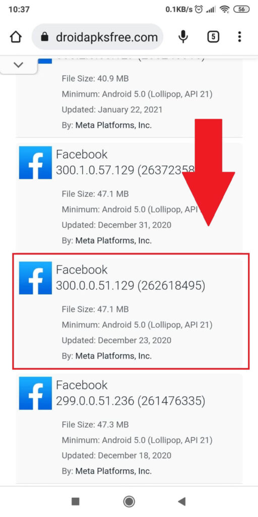 Find the “300.0.0.51.129 (262618495)” version of Facebook and install it