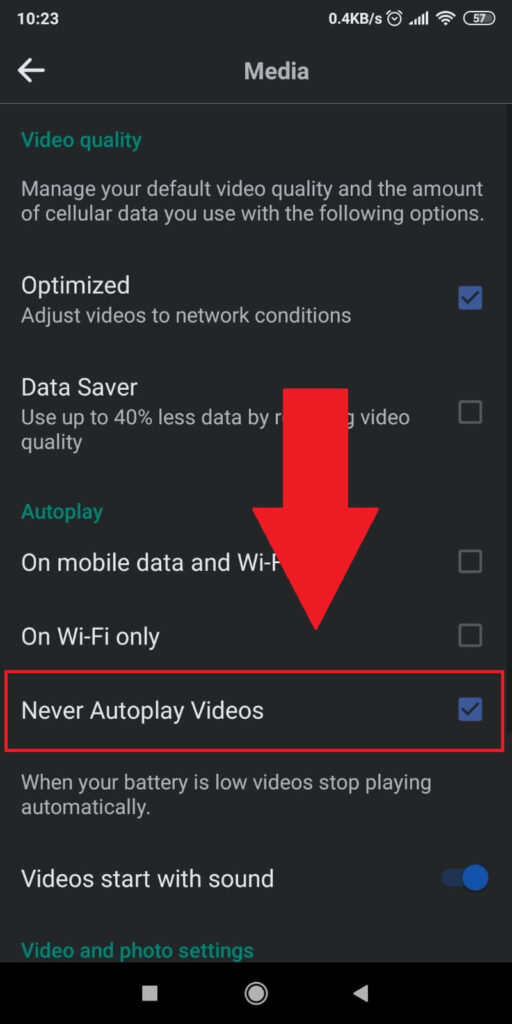 Check the “Never Autoplay Videos” option