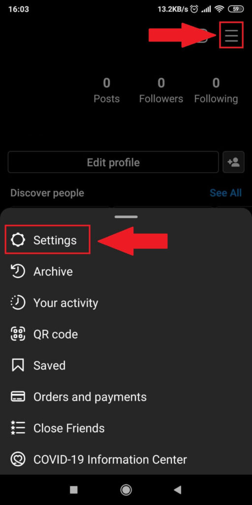 Instagram menu showing the "Settings" option highlighted