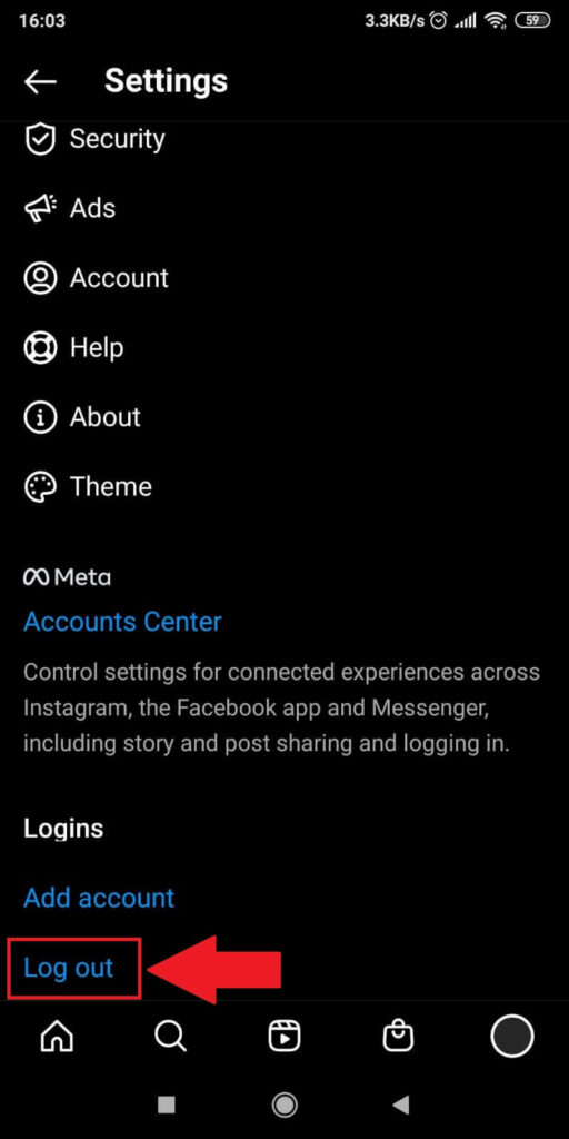 Instagram settings showing the "Log out" option highlighted