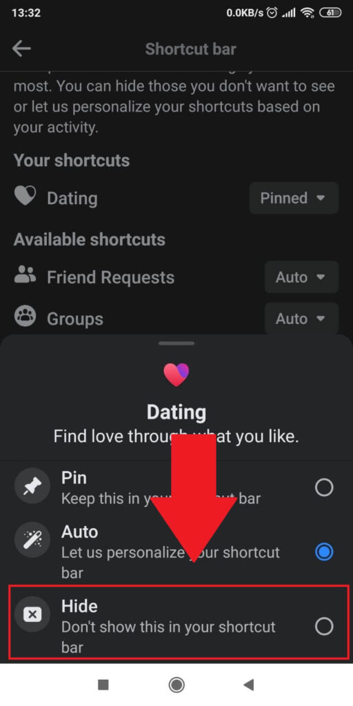 Select “Dating” from the list and then choose “Hide”