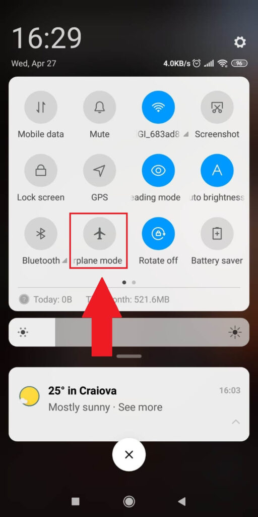 Tap on the Airplane Mode option