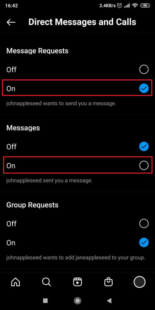 Enable “Message Requests” and “Messages”