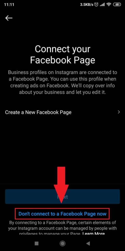 Tap on “Don’t connect to a Facebook Page now”