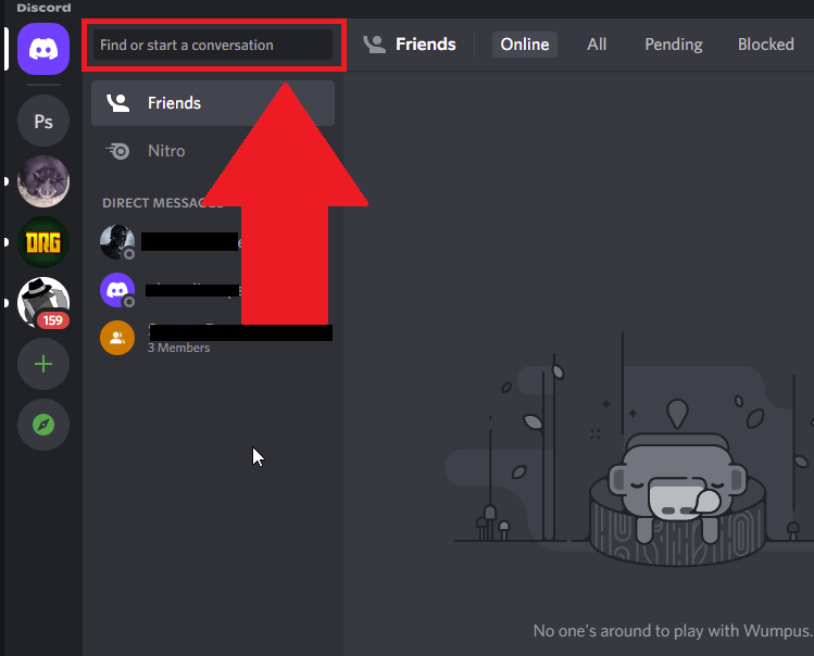 Click on the search box at the top of the Discord window