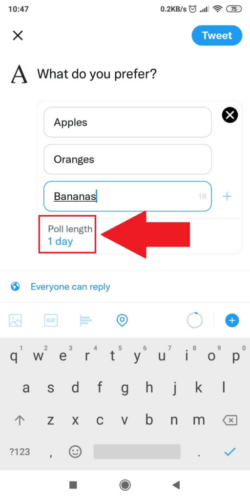 Tap on the "Poll length" icon