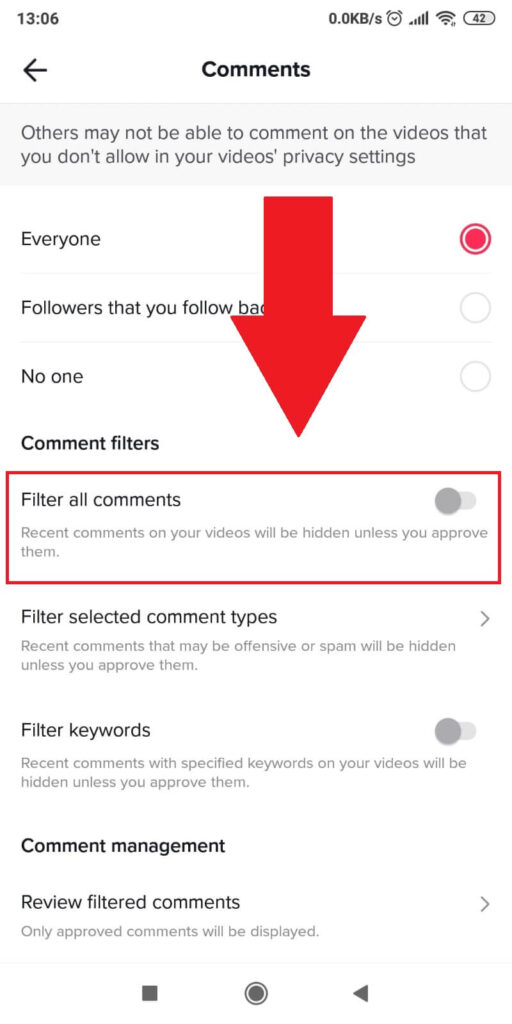 Tap on the "Filter all comments" option