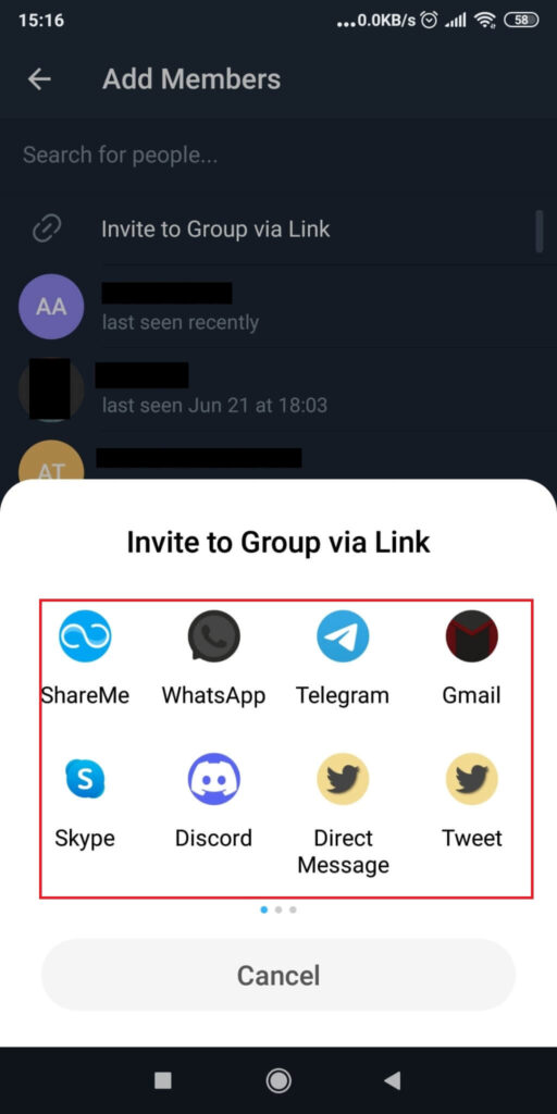 Select a method to share the link