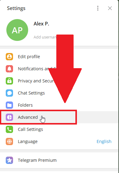 Telegram settings page showing the "Advanced" option highlighted