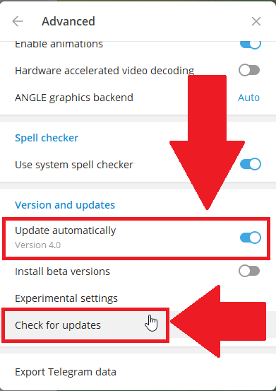 Telegram "Advanced" tab showing the "Check for updates" and "Update automatically" options highlighted
