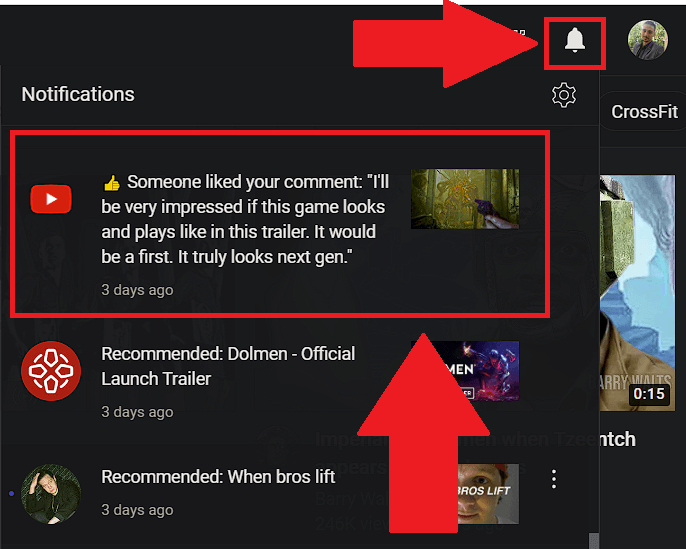 Click on the Notifications Bell and select your comment