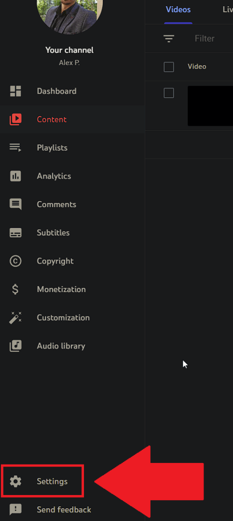 Select "Settings" at the bottom of the YouTube Studio page