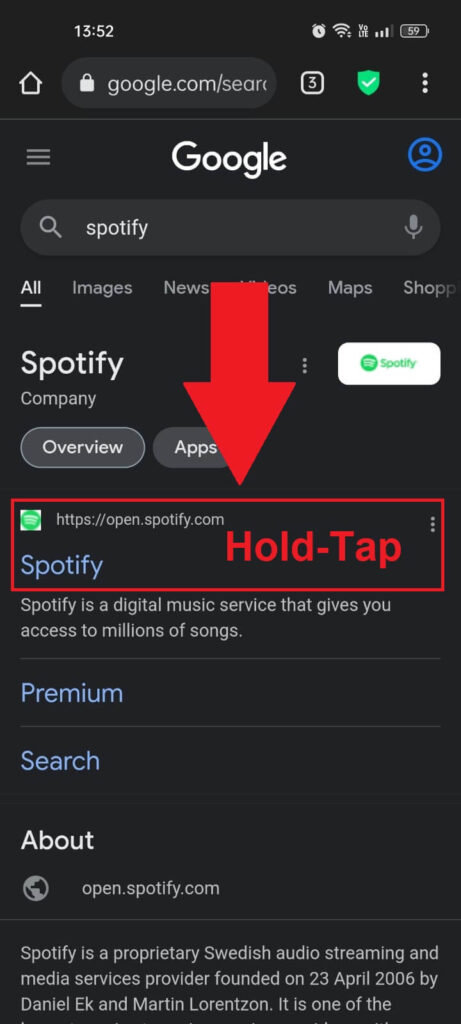 Hold-tap on the Spotify website on your phone