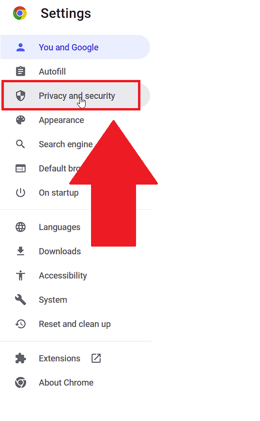 Select "Privacy and Security" on the left-hand side menu
