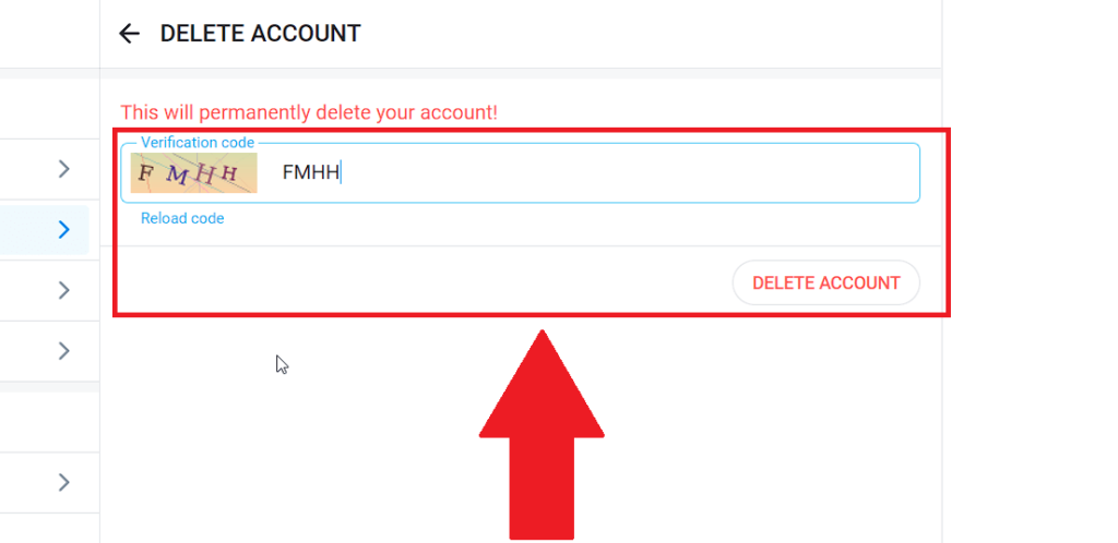 Enter the verification code and select "DELETE ACCOUNT"
