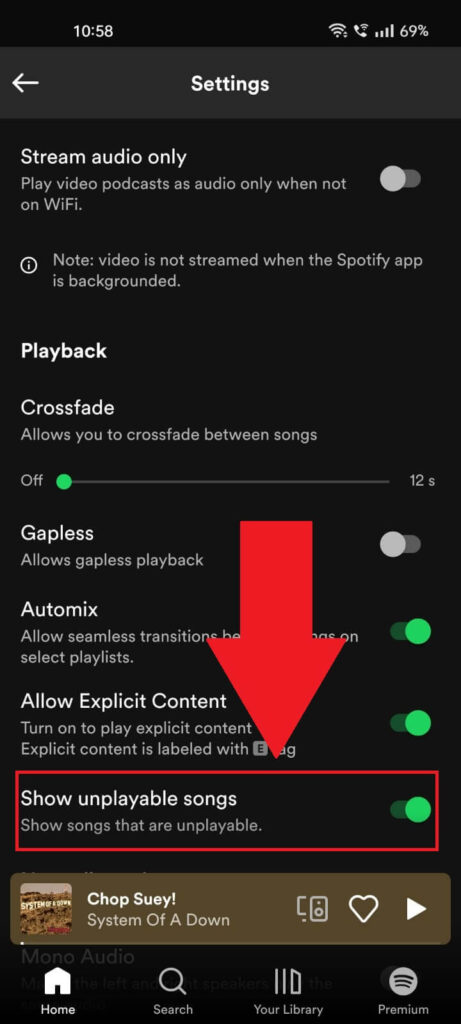 Enable the "Show unplayable songs" option
