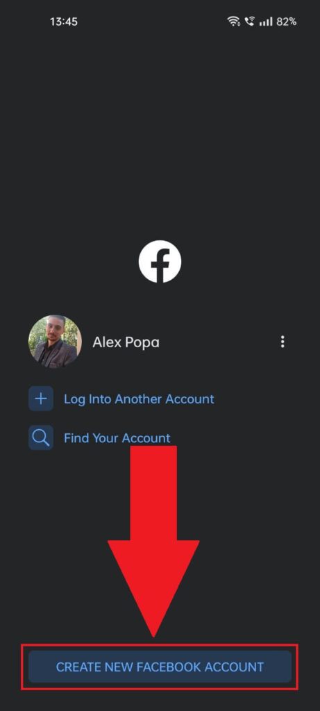 Select "Create new Facebook account"