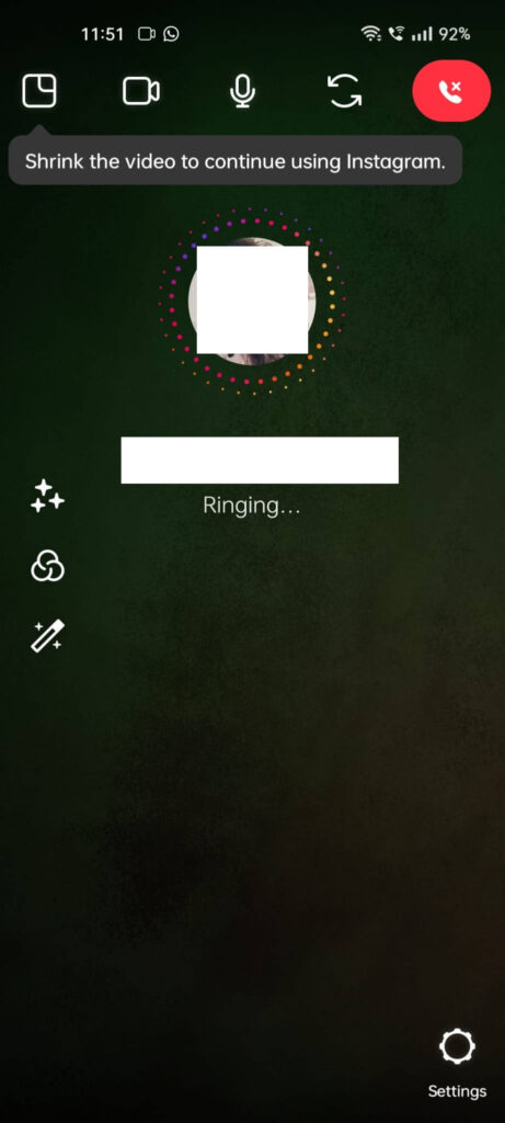 How a video call looks like on Instagram