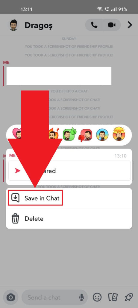 Snapchat screenshot that shows how you can save images from chat.