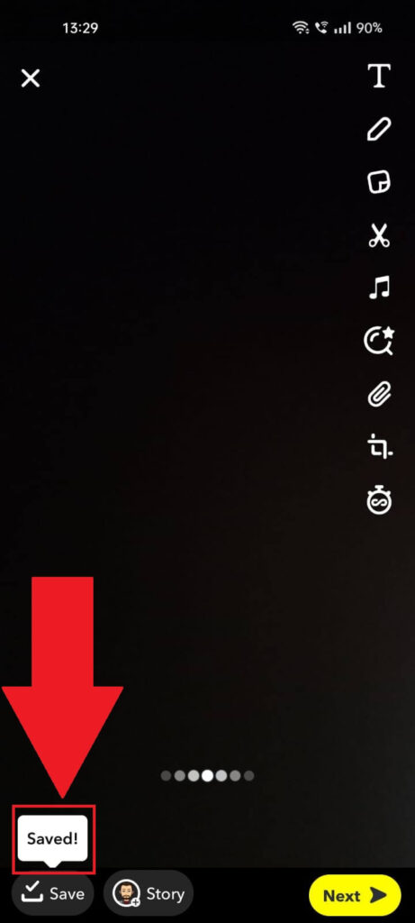 Snapchat screenshot that shows that a snap was successfully saved.