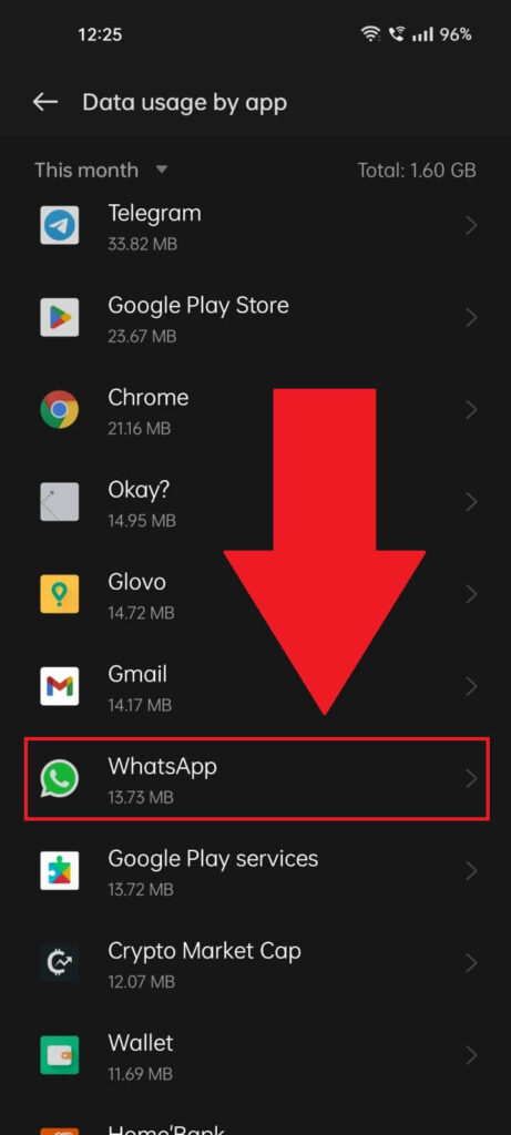 Select WhatsApp in the "Phone Settings" menu of an Android phone