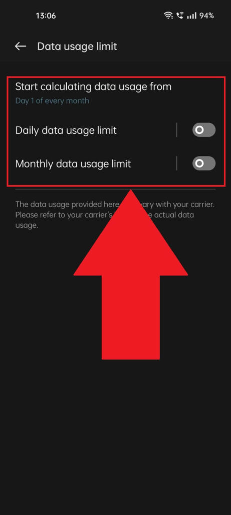 Limit your data usage in the "Phone Settings" menu of an Android phone