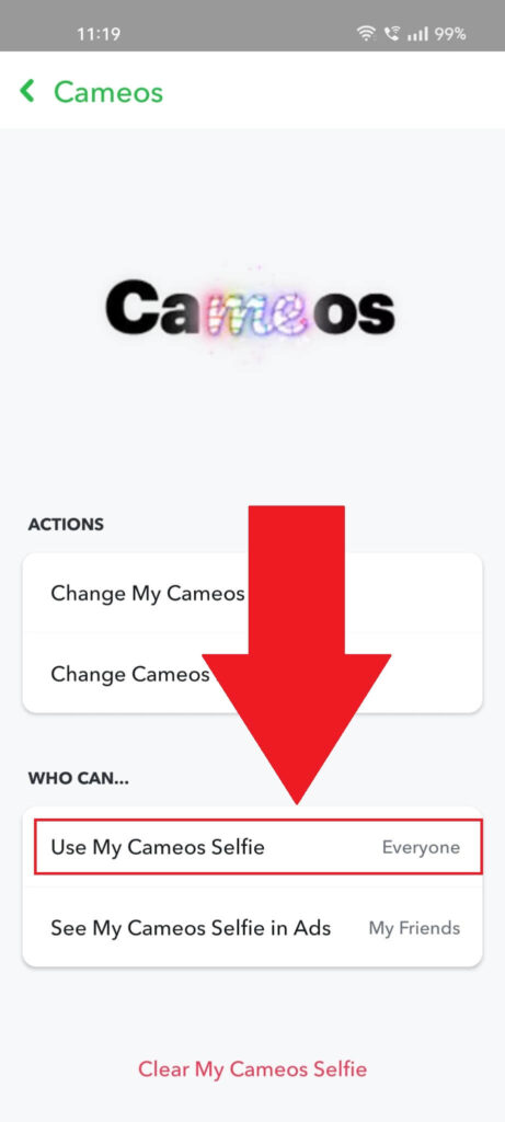Snapchat Cameos page where the "Use My Cameos Selfie" menu option is highglighted.
