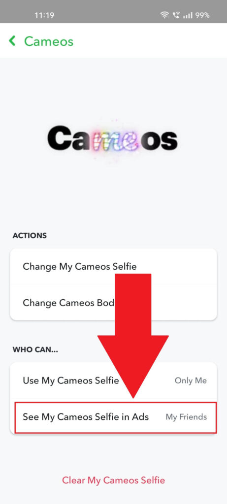 Selecting the "See My Cameos Selfie in Ads" menu option on Snapchat.