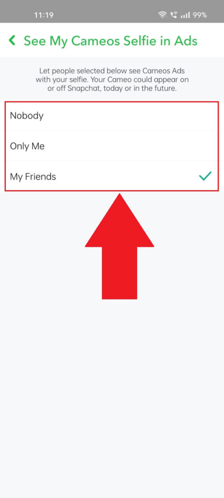 Snapchat options where the user can decide who can see their Cameo Selfie ads.